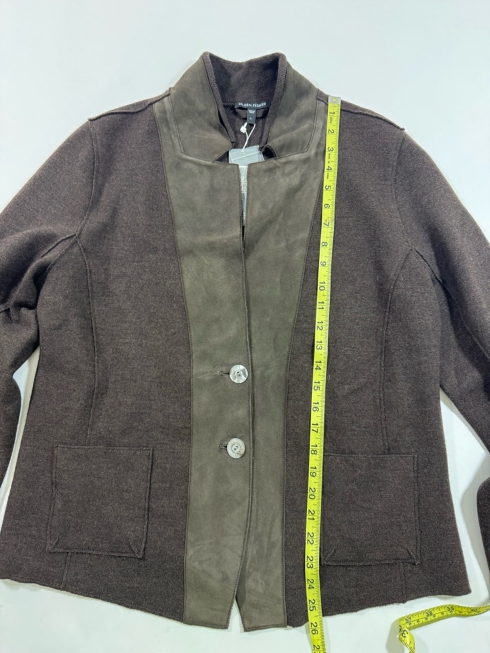 New Eileen Fisher Notch Collar Jacket Blazer Merino Wool Lamb Leather Peat Brown - Picture 5 of 8